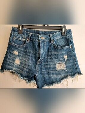High-Rise Distressed Blue Denim Jean Shorts. Never Been Worn